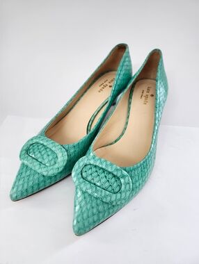 Kate Spade New York Turquoise green leather Pointed Toe Heels with Buckle Accent